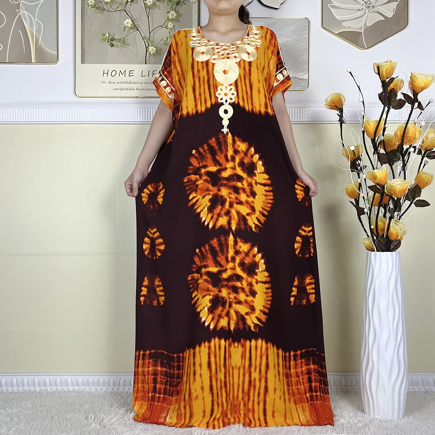 2024 New African Abaya Women Dashiki Evening Dress Pure Cotton Printing Loose Maxi Dubai Islamic Short Sleeve Femme Elegant Robe