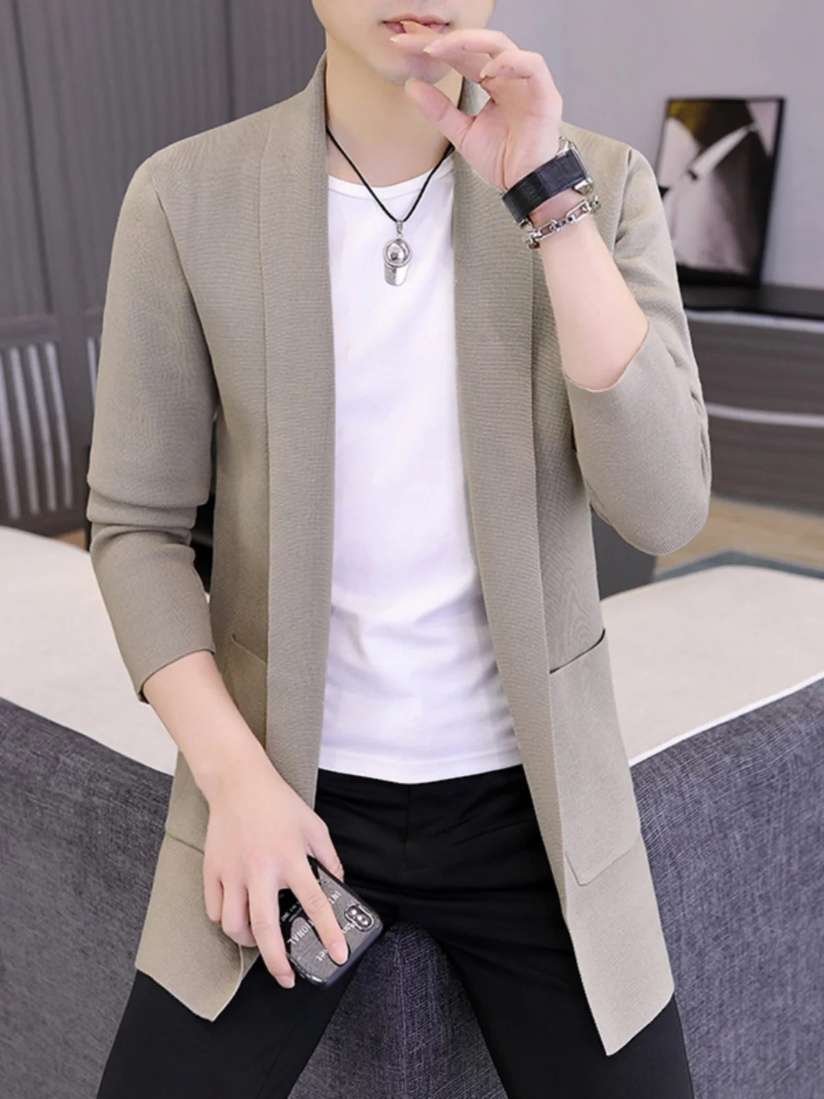 

Trendy Knitted Cardigan Men's Mid-Length Coat Spring Autumn Sweater Wrap Korean Sle Line irt Outerwear Polyester V-Ne L...