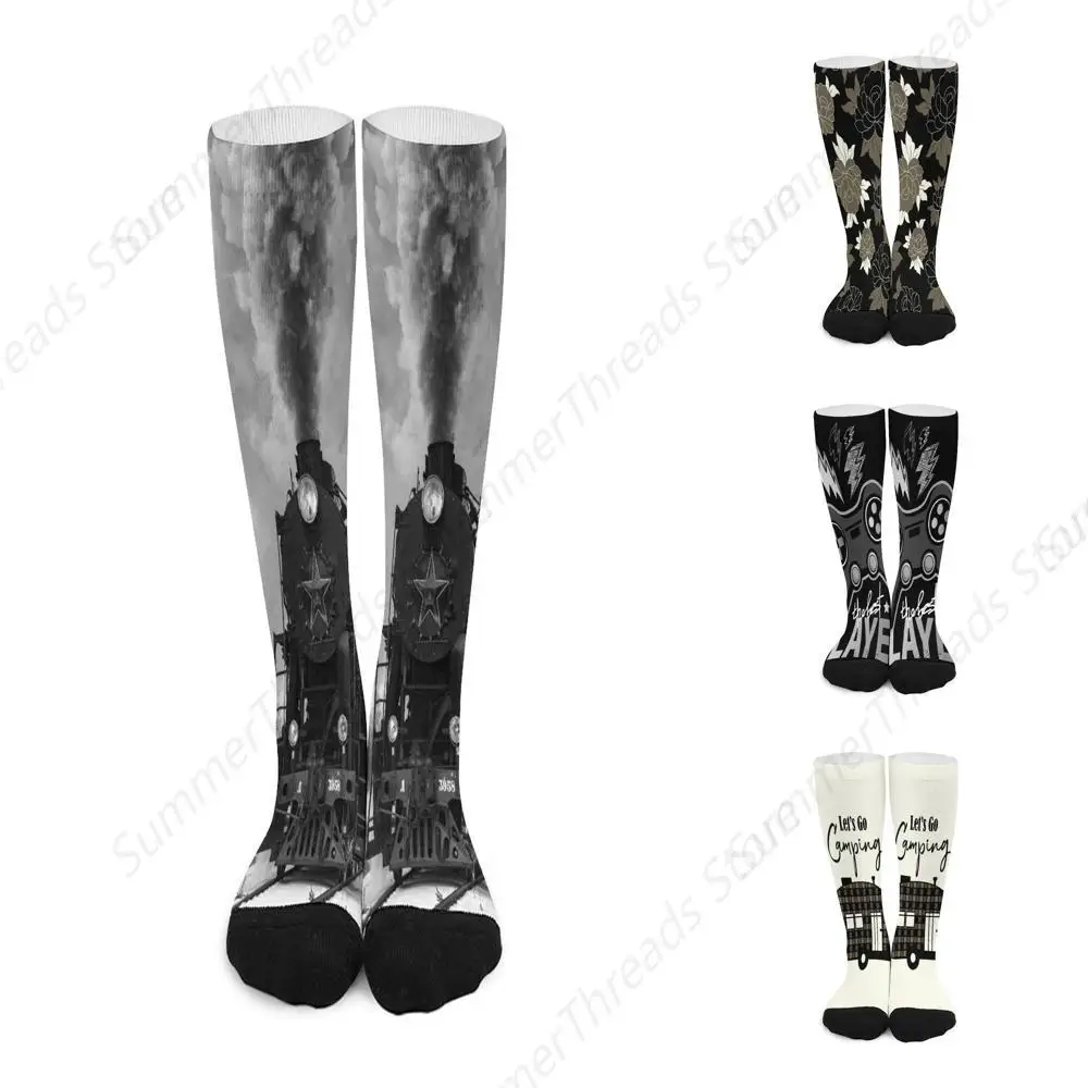 Athletic Soft Circulation Socks for Running Sports 16.5 in Length Steam Train in winter with White Snow, on the Track Route