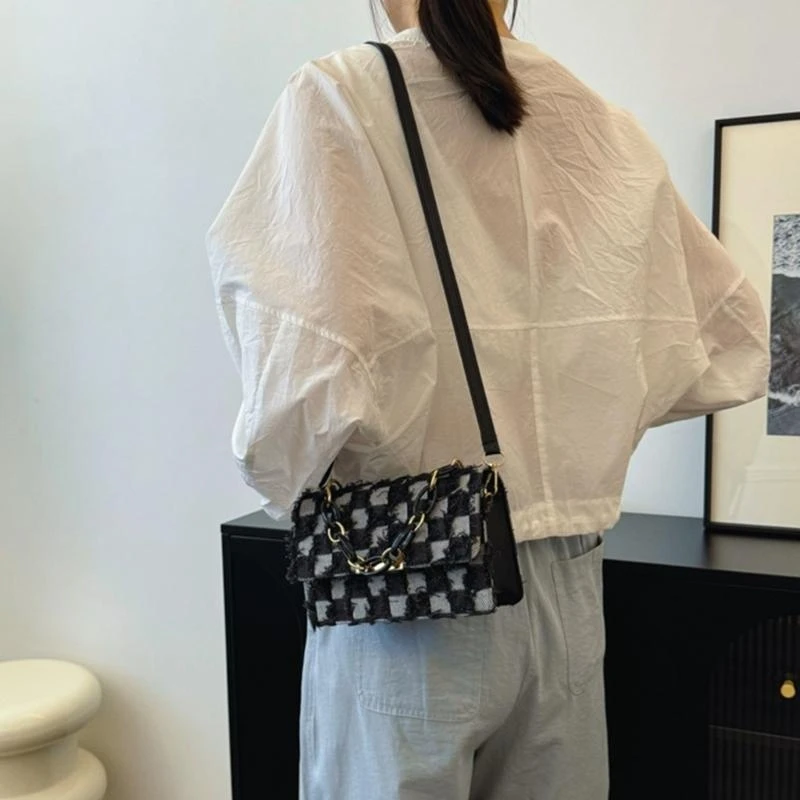 

G5AE Elegant Denims Tassels Handbag with Chain Handle for Women Adjustable Strap Checkered Jeans Crossbody Shoulder Bag Purse