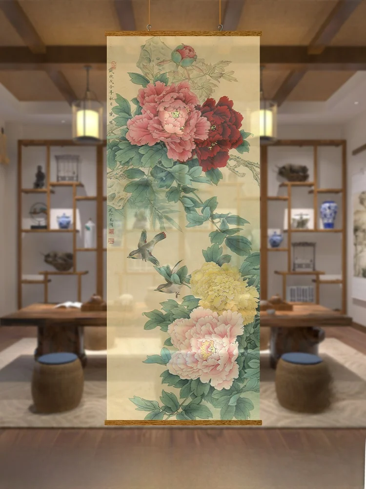 

Новая китайская полупрозрачная занавеска для двери с перфорированным кружевом и рисунком птицы и пиона, световая занавеска