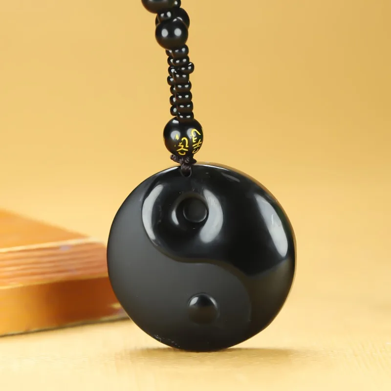 Obsidian Tai Chi Gossip Amulet Natural Stone Carving Necklace Pendant