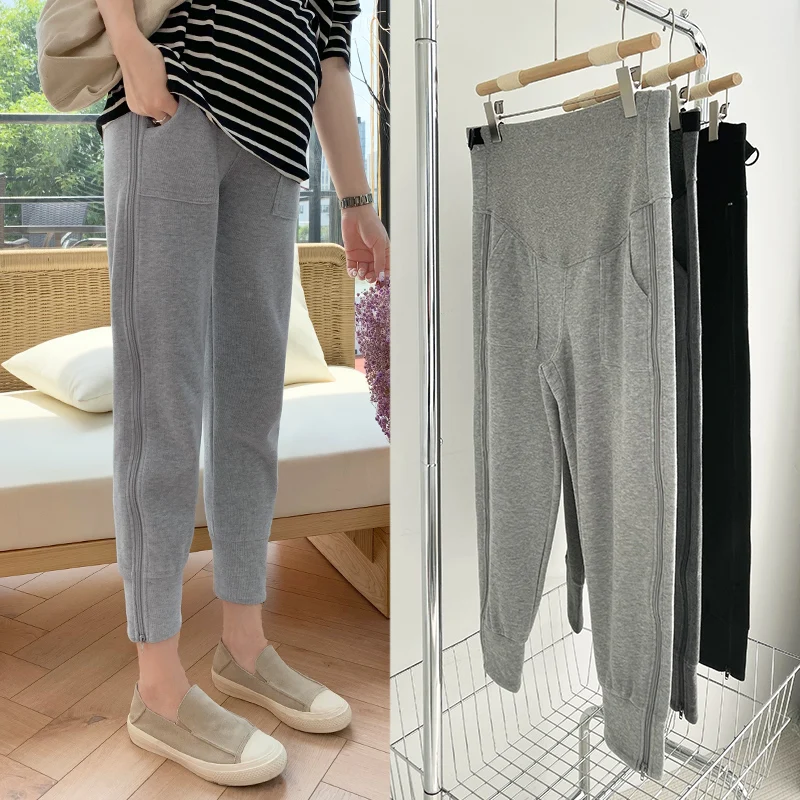 

Spring Autumn Thin Casual Knitted Nine Points Pants for Pregnant Women Low Waist Cotton Polyester Maternity Tummy Support