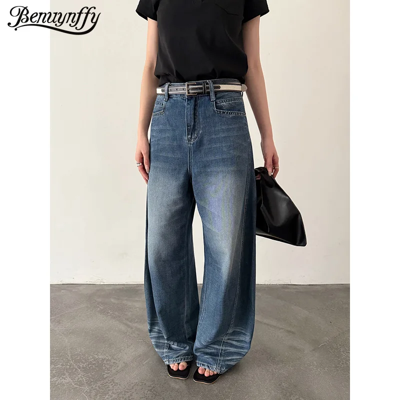 

Benuynffy High Street Vintage Baggy Jeans Women 2026 Summer New Fashion Korean Mid Waisted Casual Female Wide Leg Denim Pants