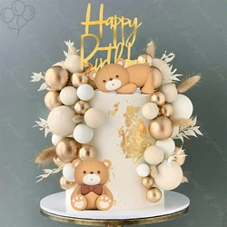 48pcs Bear Cake Toppers Khaki Gold White Cake Balls Bear Cake Satnd for Baby Shower Baptism Happy Birthday Party Cake Decoration
