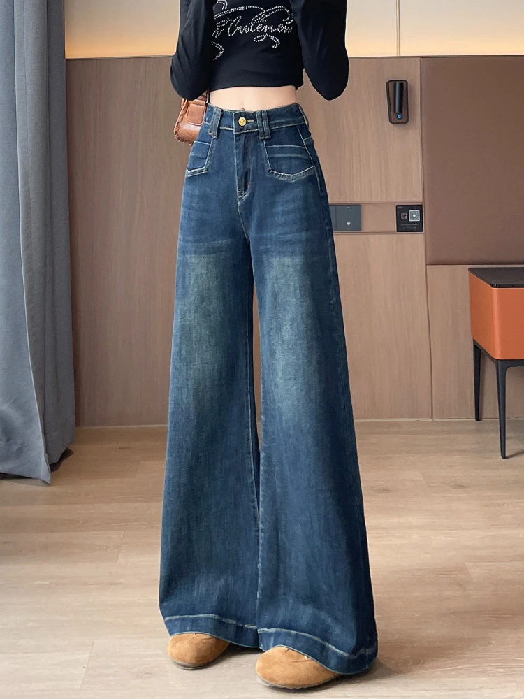 Retro-Jeans im amerikanischen Stil für Damen im Herbst und Winter, neue, hoch taillierte, schmal geschnittene, dicke, vielseitige Hose mit geradem Bein
