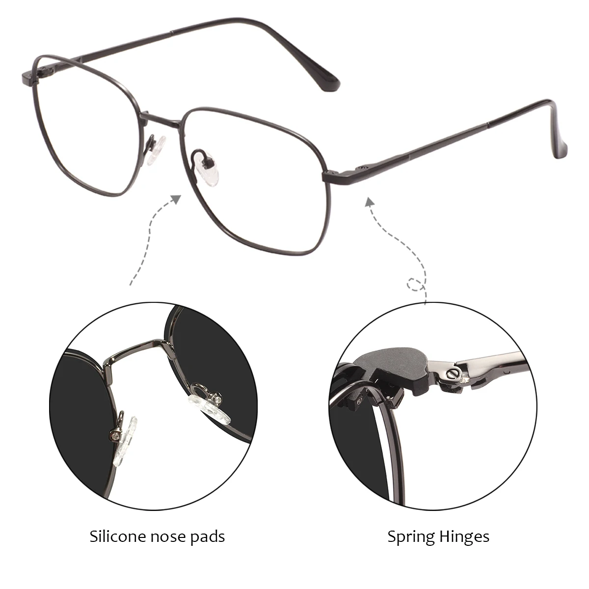Men Women Metal Square Glasses Frame Clip On With Spring Hinge Temples With Clip On Sunglasses For Optical Prescription Lenses