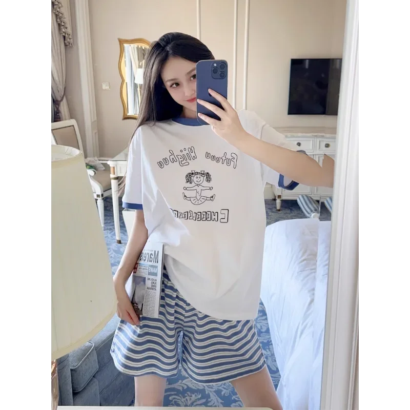 

2024 new summer Korean version of silk pajamas women's pure cotton cartoon short-sleeved shorts comfortable home women's pajamas