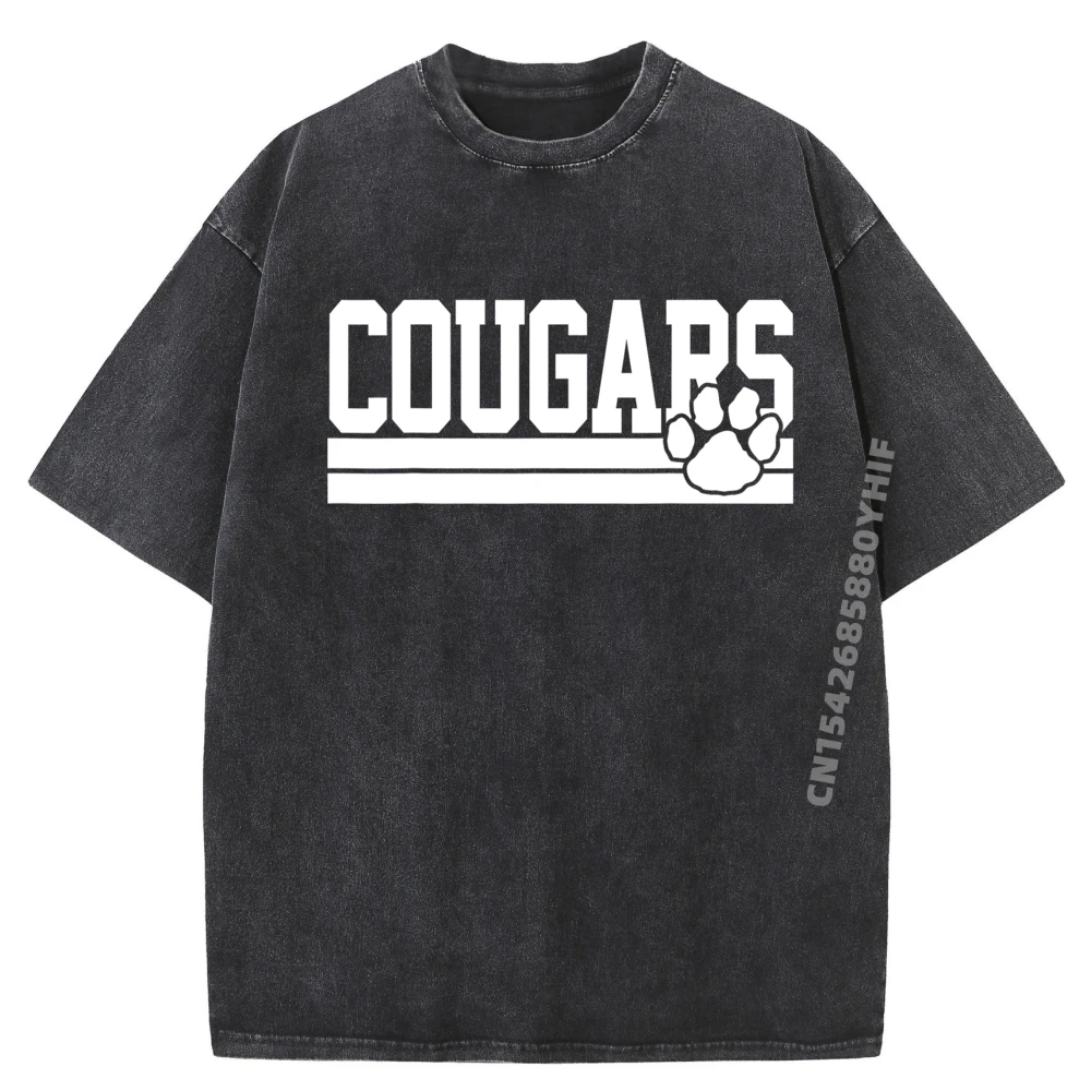 

Cougars School Spirit White Graphic Tee Men High Quality Tops Printed Camisa Mens Clothing Daily Wear Washed Shirt