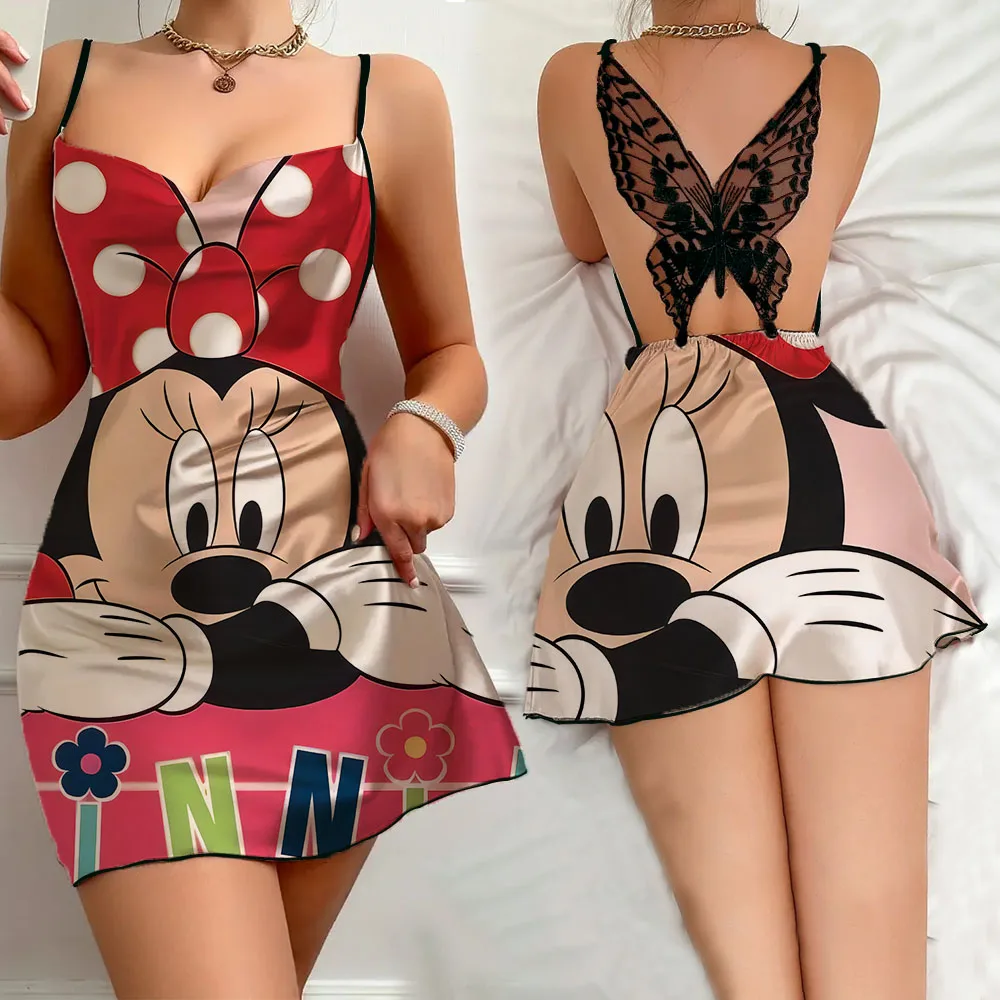 New Summer Women's Pajama Cartoon Pattern Print Female Sleeping Dress Short Charming Sexy Back Butterfly Hollow out Nightwear