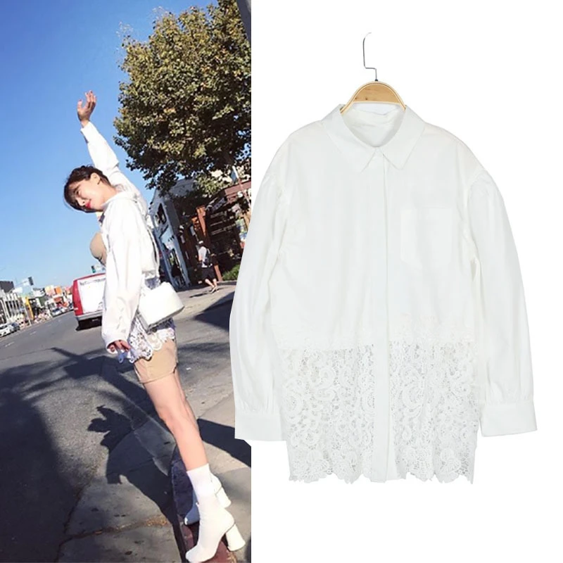 

Kpop IU Lace White Loose Lapel Shirts Women Korean Streetwear Sexy Hollow Blouses Female Long Sleeve Pleated Tops Kawaii Clothes