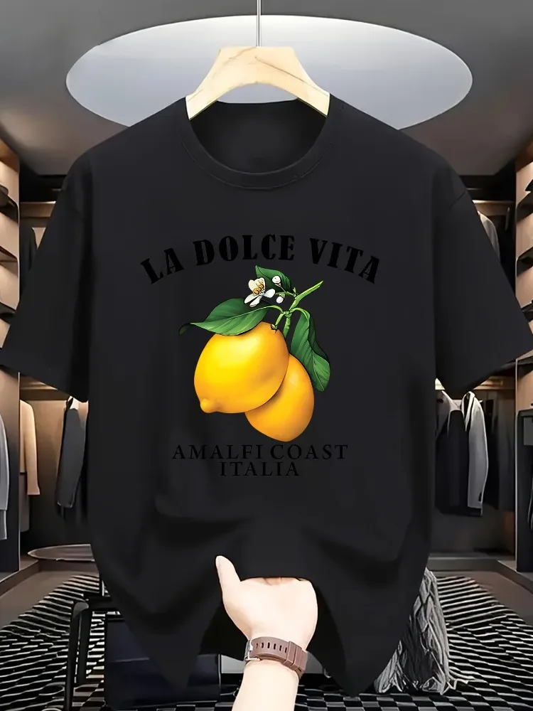 Mens Crew Neck Tee La Dolce Vita Amalfi Coast Lemon Fruit Graphic Print Light Cotton Summer Beach Casual Short Sleeve Daily Top