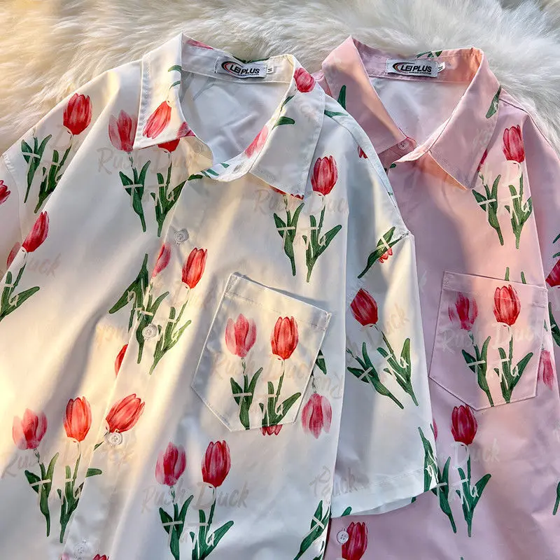 France Romantic Pink Flower Floral Button Up Shirt Loose Casual White Elegant Ladies Blouses Tops Summer Kawaii Hawaii Beach Tee