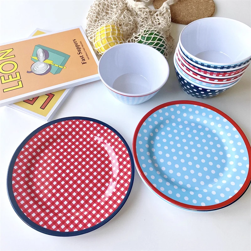 Melamine Dinner Plate Snacks Fruits Tray Food Display Restaurant Sushi Bar Small Bowl Round Dot Pattern Dinnerware Set Supplier