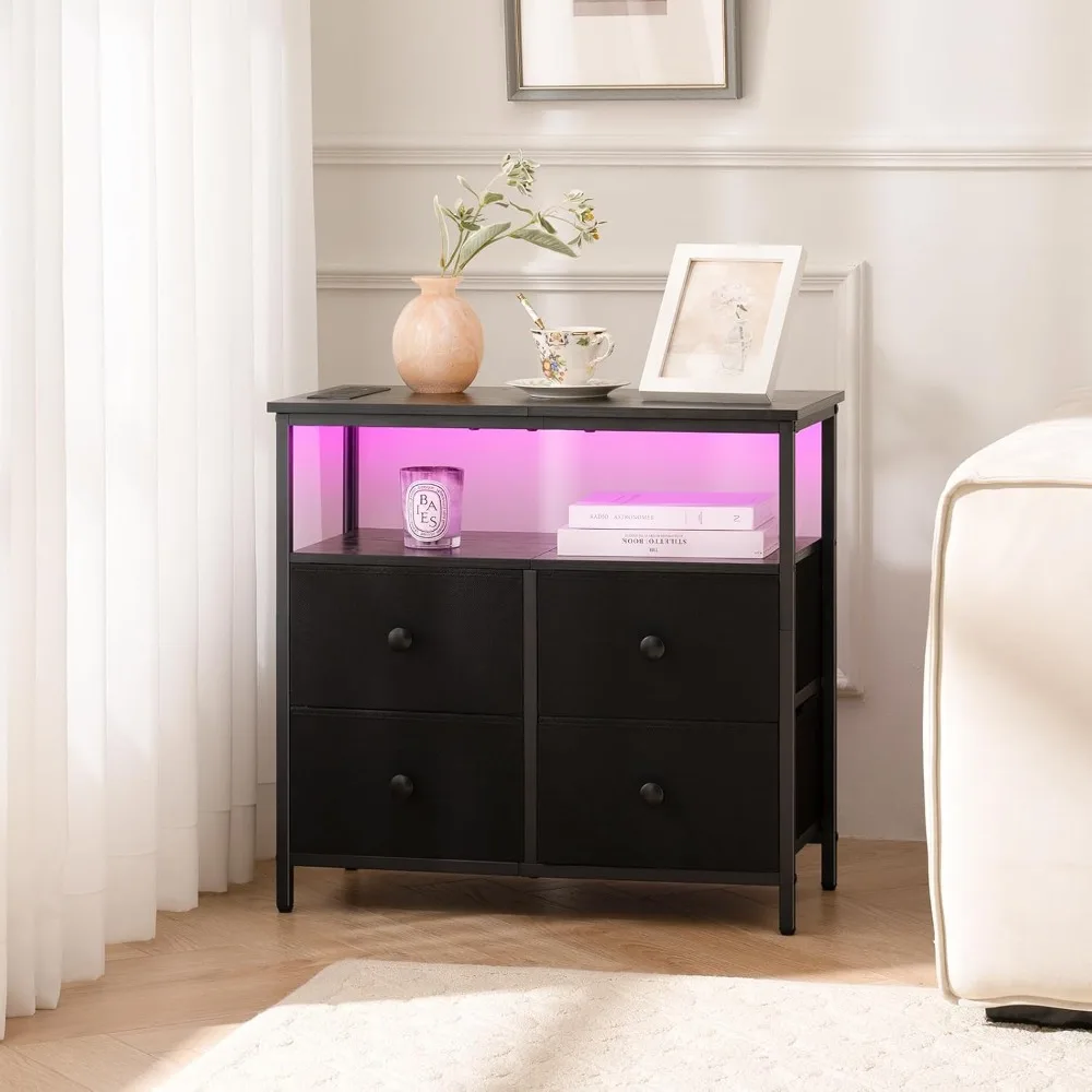 충전 스테이션이 있는 나이트 스탠드, 서랍 4개가 있는 침대 옆 테이블, 수납 선반이 있는 LED 화장대, 나이트 스탠드