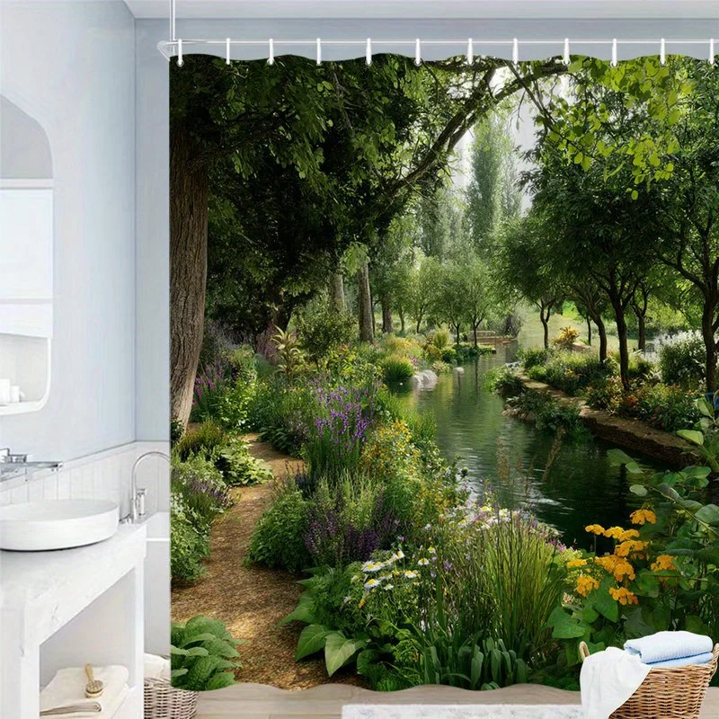 1pc Serene Garden Shower Curtain - Vibrant Purple & Yellow Flowers, White Daisies, Clear Pond & Lush Greenery Design - Durable P