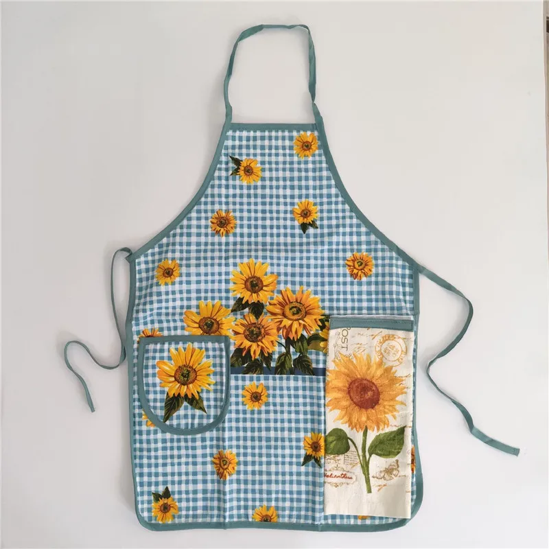 1 Set Cotton Apron Flower Fruit Printed With Pockets Hand Towel Halter Neck Kitchen Baking Cleaning Tools