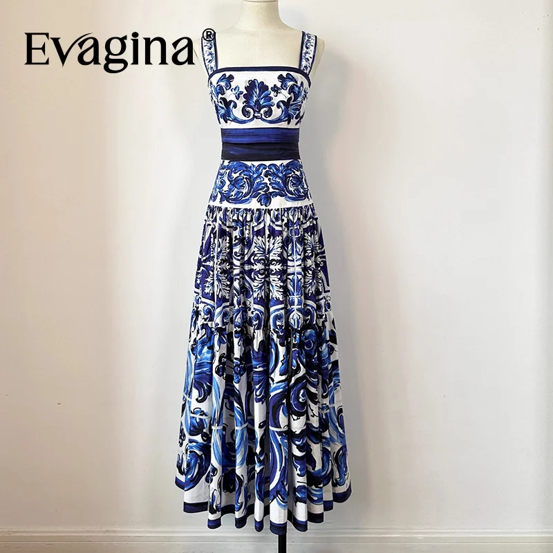 

Evagina 2025 Summer clothing for Poplin woven cotton blue and white porcelain blue versatile Printed camisole top straps