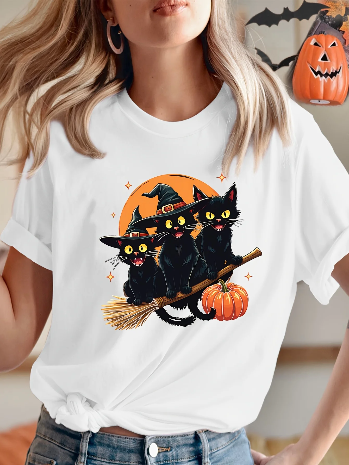 

Женский костюм на Хэллоуин, милые черные кошки в шляпах ведьмы, тыква, графический непрозрачный тканевый костюм, наряд для вечеринки, ретро рубашка для вечеринки на Хэллоуин