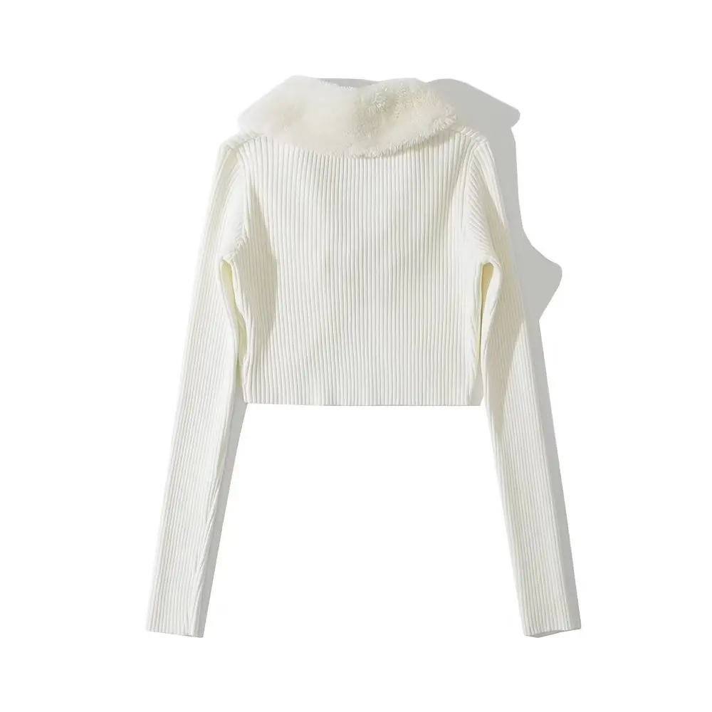 Women Luxury Fur Collar Cardigans Long Sleeve Knitted Metal Buckle Crop White Chic Sweaters