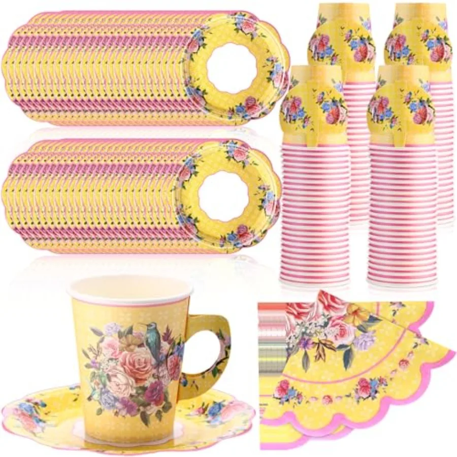

300 Pcs disposable paper tea cups for tea party Bulk, include 9 oz Floral Paper Tea Cup Set with Handle and Saucers 10" vintage