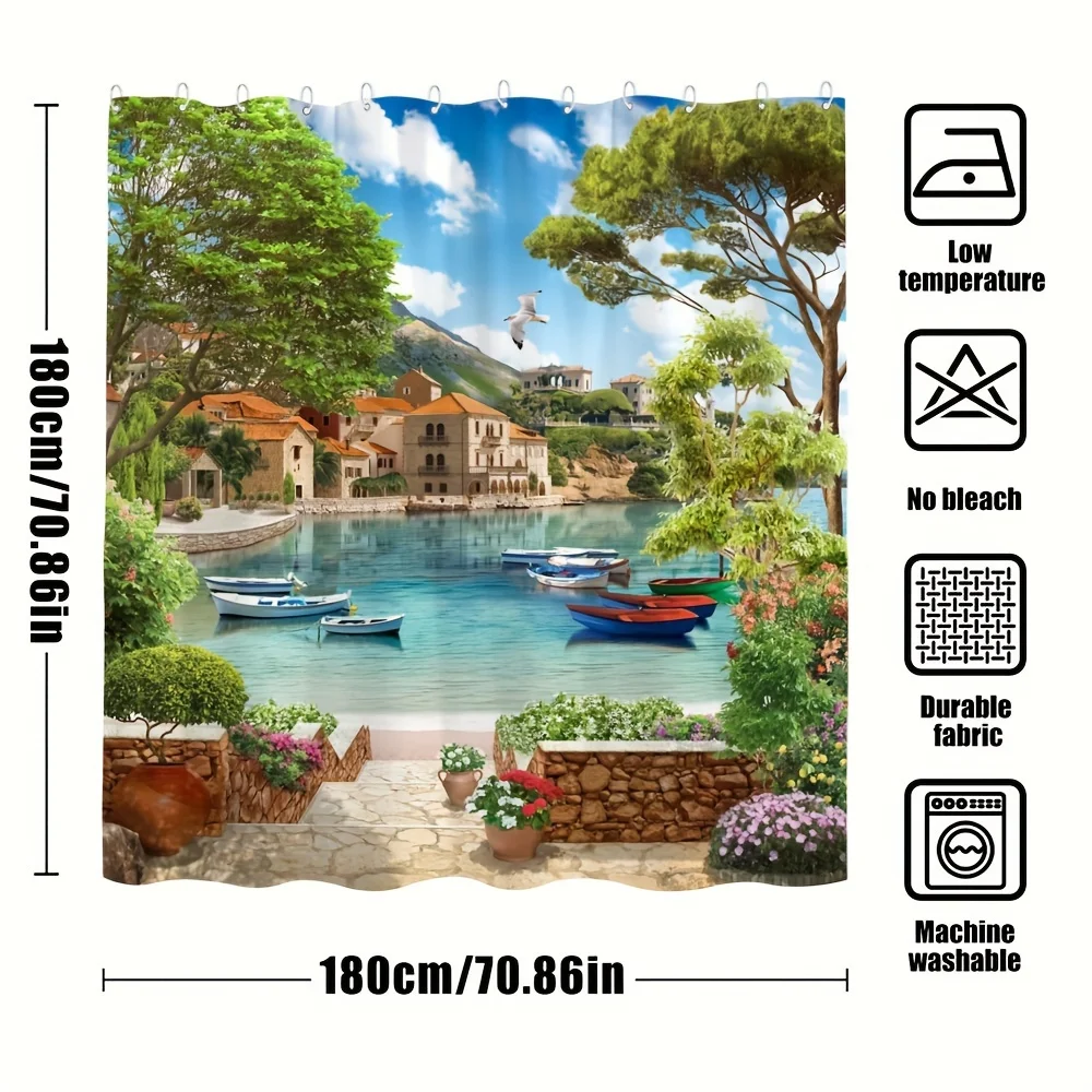 Vibrant Mediterranean Village Shower Curtain Waterproof Bathroom Decor Curtain for Coastal Style Home Bathroom Shower Curtain