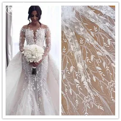 Beaded Shiny Bridal Lace Fabric, Sequined Mesh Embroidery Fabric, Off White Flowers, Branches and Leaves, New Style