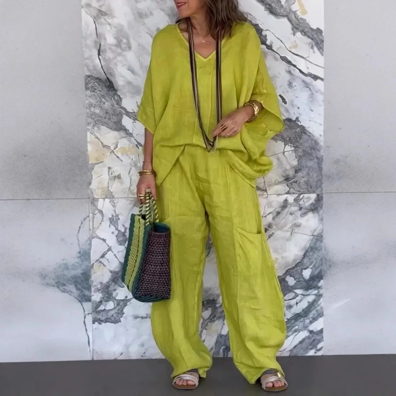 

2025 Spring Summer Fashion Solid Color Cotton Linen Set For Women V-neck Bat Sleeve Top Wide Leg Pants Casual Loose 2 Piece Set