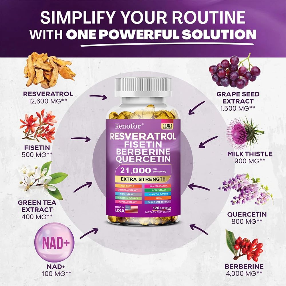 Resveratrol+Traubenkernsamen+Berberin – Verbessert das Immunsystem, fördert die Hautglättung, unterstützt die Herz-Kreislauf-Gesundheit, Antioxidans