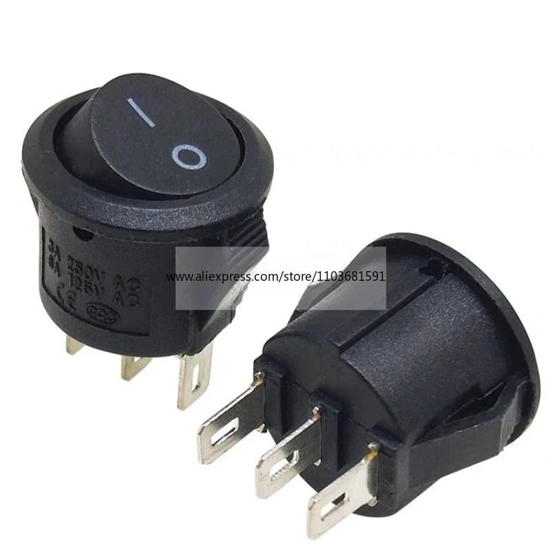 5Pcs Mini Round Black 3 Pin SPDT ON-OFF Rocker Switch Snap-in