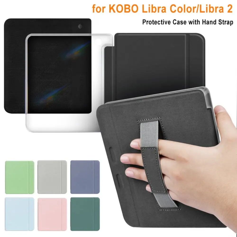 7 inch e-Reader Case with Hand Strap Acrylic Protective Shell Wear Resistant Clear Back Smart Cover for KOBO Libra Color/2