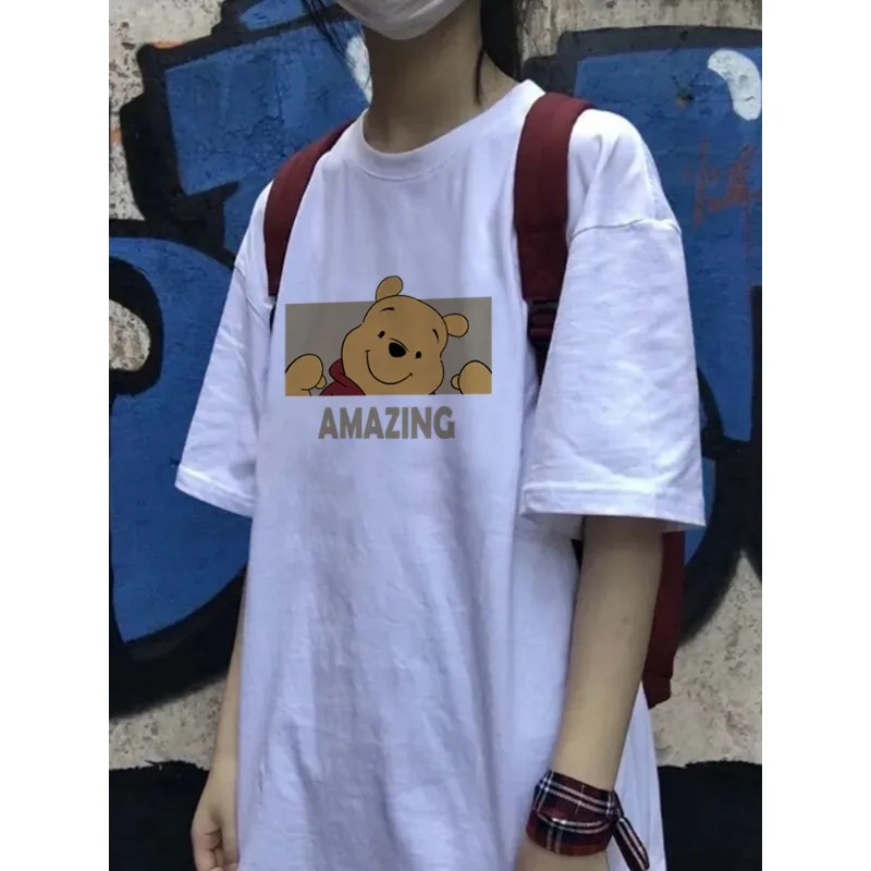 Disney Winnie The Pooh Kawaii Women\'s Print Cotton T-shirt Cartoon Cute Graphic Summer Top Y2K Harajuku Wind Couple Short Sleeve