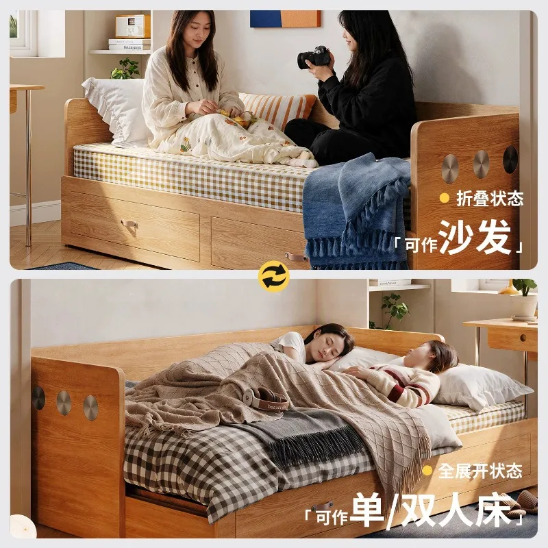 Tongyu special log wind solid wood sofa bed, retractable polka pull-out with storage function small apartment sofa bed