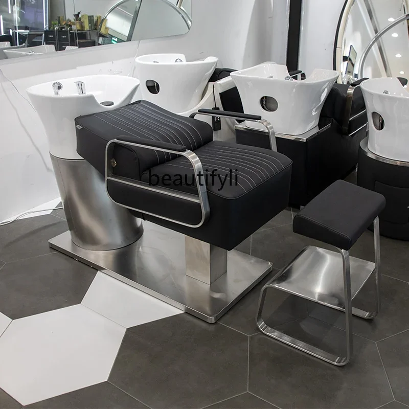 

Shampoo Chair High-End Stainless Steel Flushing Bed Salon Half Lying Massage Couch Ceramic Deep Basin