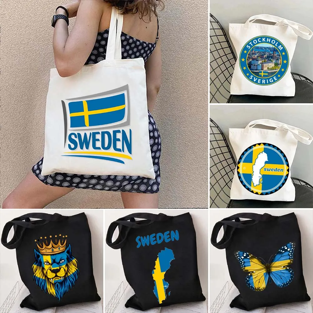 Europe Sweden Flag Map Coat of Arms Stockholm Love Heart Swedish Souvenir Landmark Cute Shopping Canvas Tote Bag Shopper Handbag