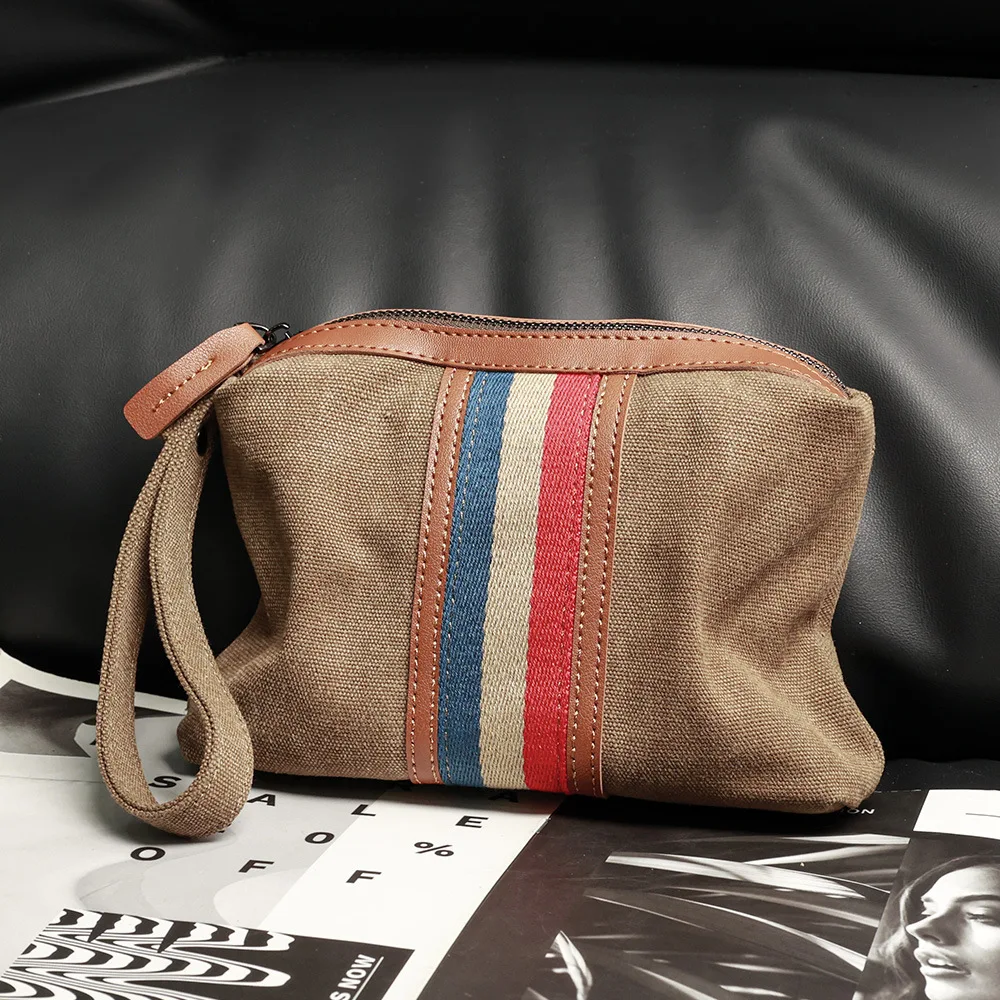 2025 Bolso de mano de lona de cuero a rayas Bolso de mano de marca de moda informal para hombre Teléfono para hombre