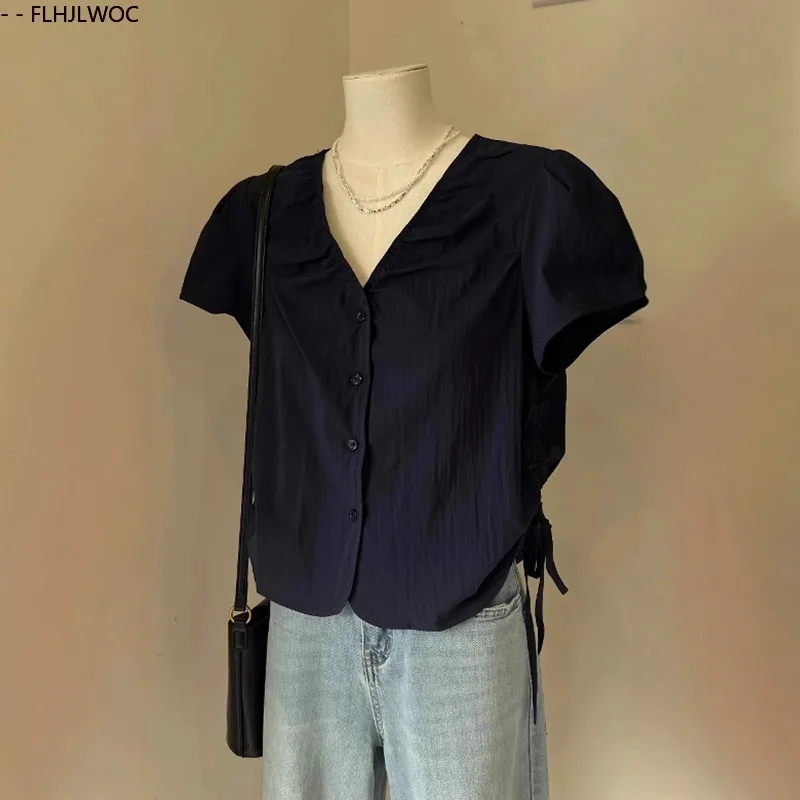 ผ้าฝ้ายผสมเสื้อใหม่แฟชั่นผู้หญิงฤดูร้อนแขนสั้น V คอน่ารักสาวหวาน Solid Shirring Draped ปุ่มเสื้อ