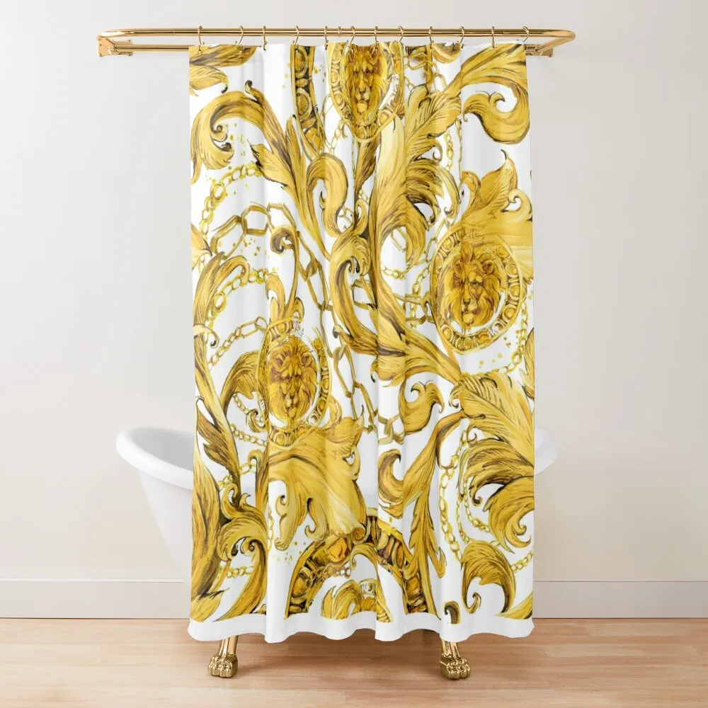 

golden lion baroque seamless pattern. Watercolor vintage gold lace ornament. luxury textile print Shower Curtain