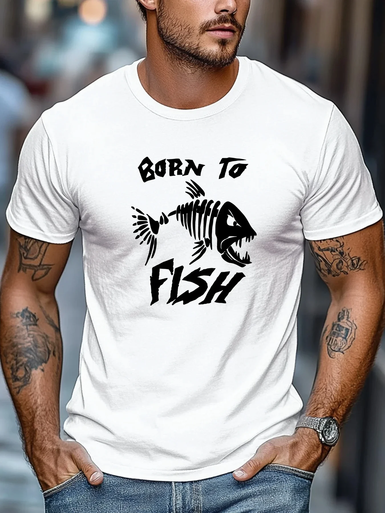 New Men Black Crew Neck Tee Born To Fish Angry Fish Skeleton Graphic Retro Fishing Hobby Outdoor Soft Cotton Male Casual Tops