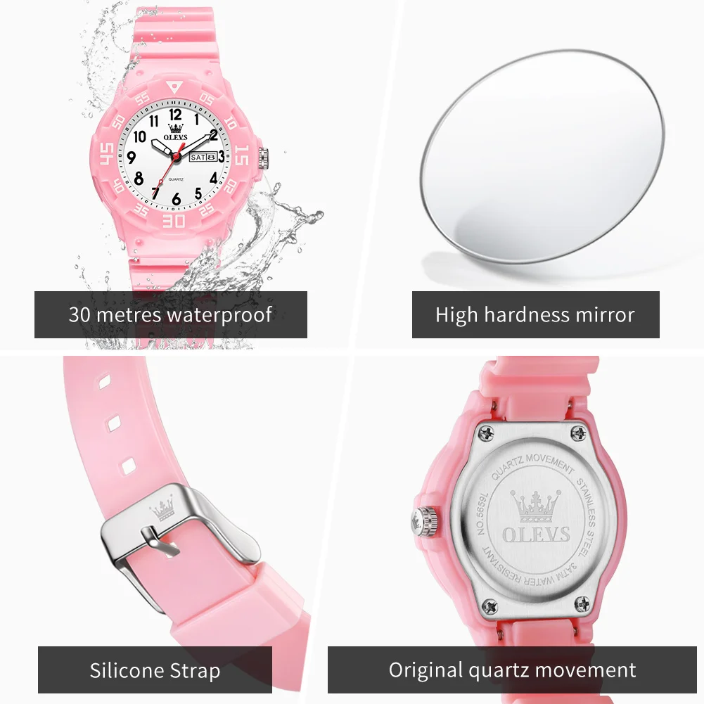 OLEVS 5659 Women Quartz Watch Fashion Dual Calendar Waterproof Watch For Women Number Scale Student Wristwatch Silicone Strap