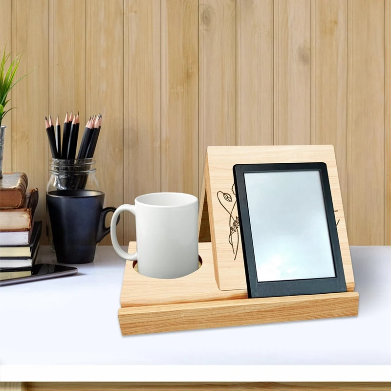 Personalized Wooden Triangle Book Stand With Coffee Cup Mug Holder,Custom Birth Flower Book Page Holder