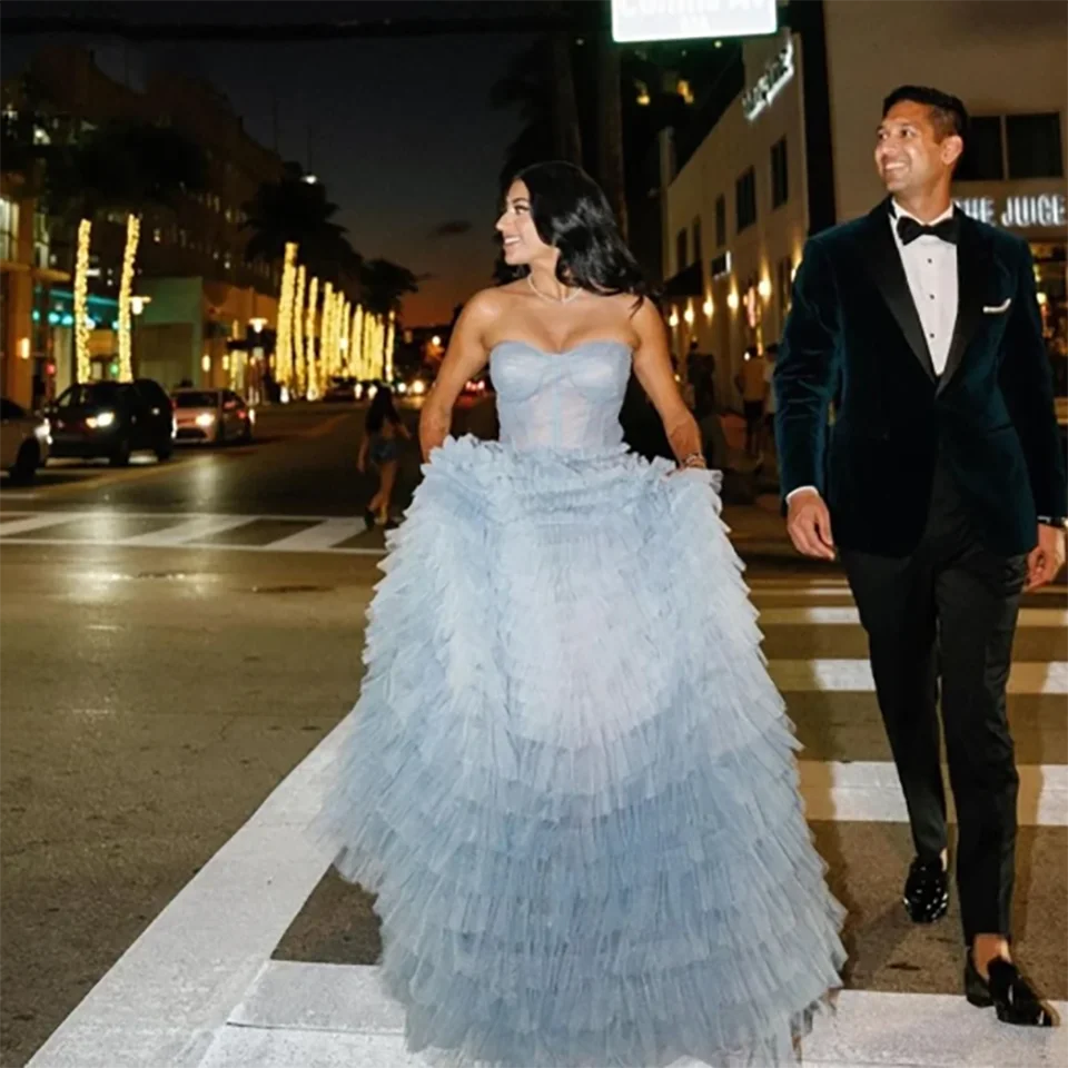 Vestido de novia Formal con volantes de múltiples capas para mujer, sin tirantes vestidos de novia, azul polvoriento, encantador, hasta el suelo, 2024