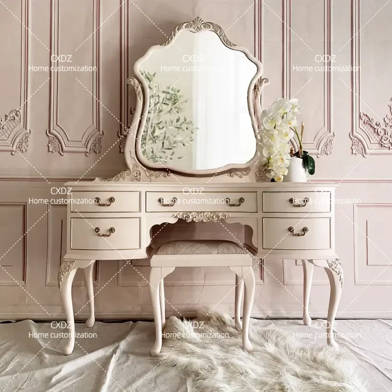 Solid Wood Pink Dressing Table Retro Carved Bedroom Makeup Desk with Mirror Vanity Table Combination Furniture for Home Decor
