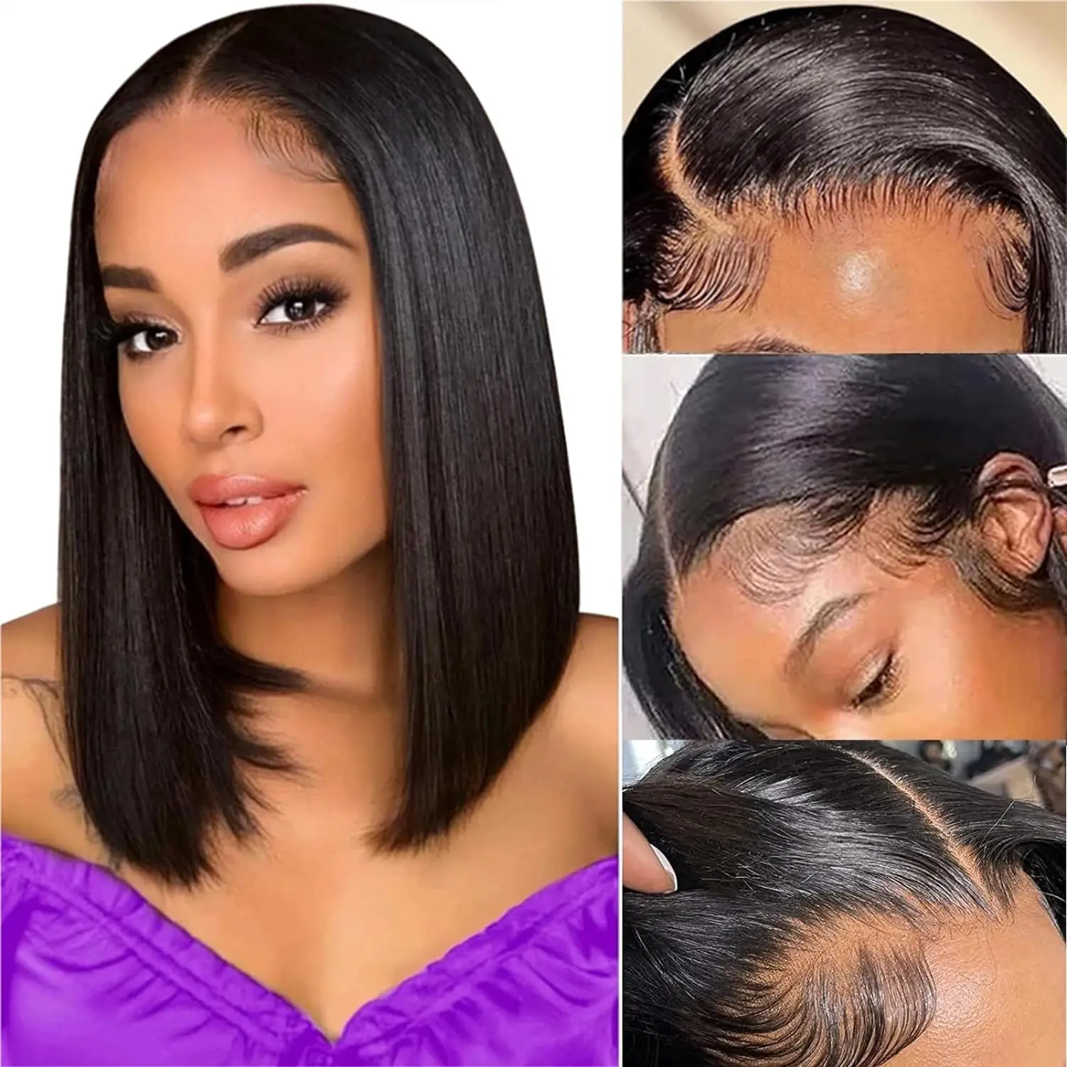 Peluca de cabello humano con encaje frontal para mujeres negras, pelo corto recto brasileño Bob, prearrancado con cabello de bebé, 13x4