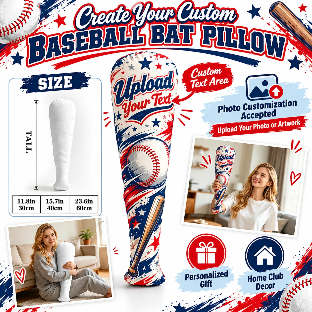 Custom Baseball Bat Shaped Pillow Custom Text And Pattern Polyester Baseball Bat Shaped Pillow Sports Decor Fan Gift Home Club