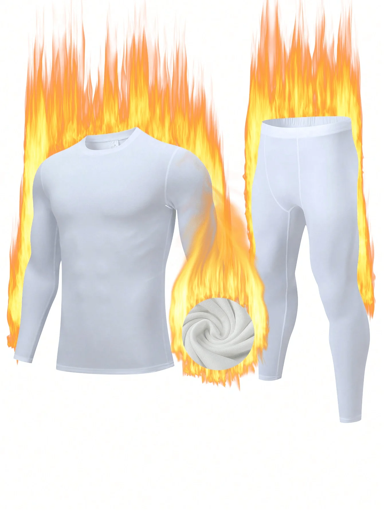 

Men's White Thermal Underwear Set Round Neck Fitted Long Sleeve Top & Pants for Cold Weather