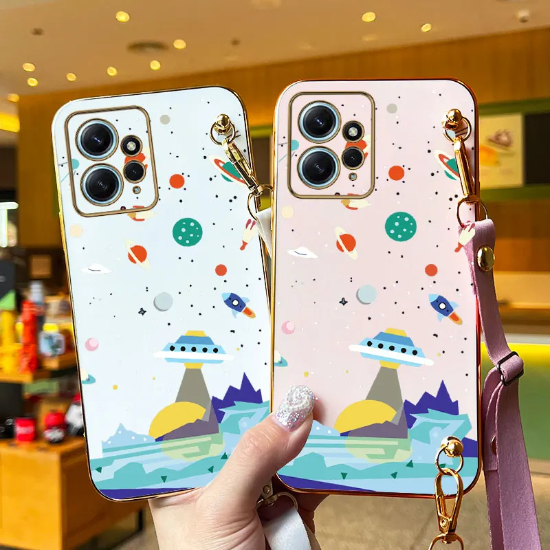 Sailing Spaceships Lanyard Plating Phone Case For Xiaomi Redmi Note 12 12Turbo 12Pro 12S 12R 12ProPlus 11 11E 11S 10Pro 10 Cover