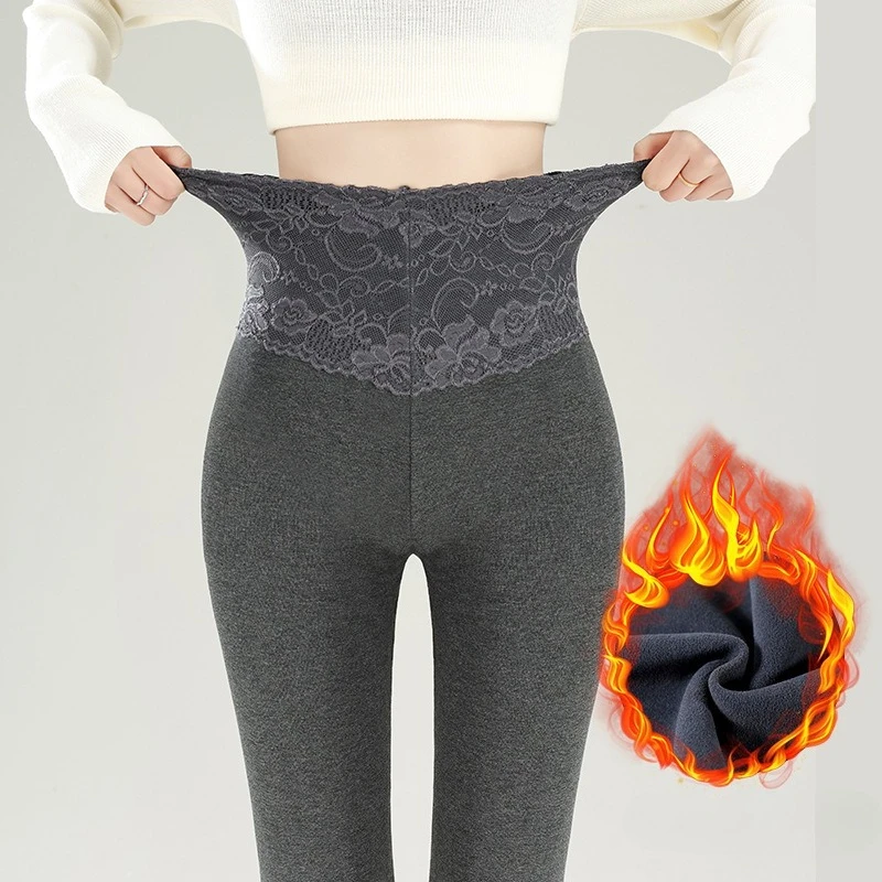 Fleece Modal Leggings Women Lace Patchwork High Waist Stretch Tights Pants Skin-friendly Fabric Prevent Cold Thick Warm Leggings