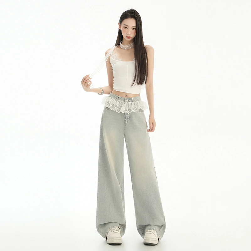 MULAN Wygodne damskie jeansy o prostym kroju, przyjazne dla skóry, w stylu retro Harajuku Y2K, streetwear, z wysokim stanem i koronkowymi wykończeniami na nogawkach.