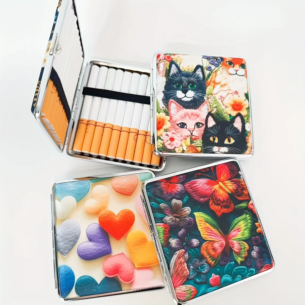 

1 шт., портсигар на 20 сигарет, 98 мм – с граффити-принтом «Кошки и сердца», водонепроницаемый чехол с резинкой, праздничный подарок